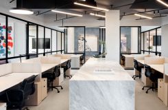 LEX open office with adjustable-height FENIX NTM surfaces features mobile ped. thumbnail